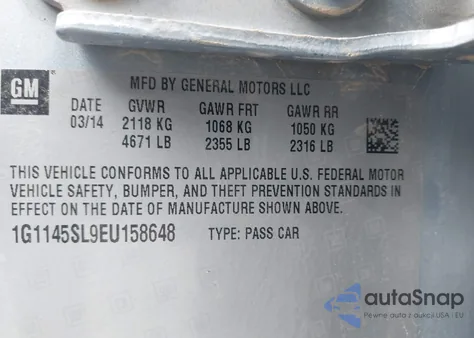 2014 Chevrolet Impala z USA, uszkodzony, nr VIN 1G1145SL9EU158648